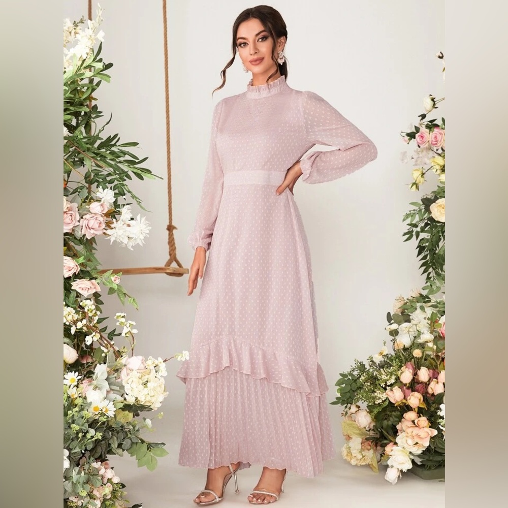 SHEIN Pink Swiss-Dot Maxi Dress with Pleated Hem